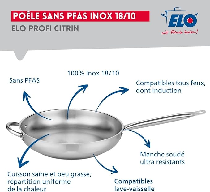 ELO 9500750 Cookware Set 4-Piece 1 Frying Pan 32 cm and 3 Cooking Pans 14 20 and 26 cm Elo Profi Citrine Stainless Steel Induction