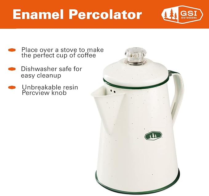 GSI Outdoors Percolator Coffee Pot | Enamelware Campfire Coffee Boiler Kettle for Outdoor Camping Cookware Cabin RV Kitchen Hunting &amp Backpacking