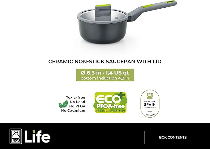 BRA COOKWARE Life 10-Piece Ceramic Cookware Set | Recycled Cast Aluminum Pots &amp Pans Set w/ 2 Pots 1 Sauté Pan 2 Pans 1 Saucepan 4 Lids | Ceramic Non-Stick Coating | All Stovetops | PFOA Free