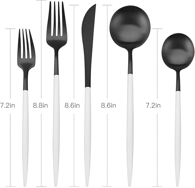 Matte Black Silverware Set with white handle Bysta 20-Piece Stainless Steel Flatware Set Kitchen Utensil Set Service for 4 Tableware Cutlery Set for Home and Restaurant Dishwasher Safe