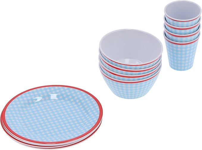 12Pcs Light Blue Grid Melamine Dinnerware Set Household Tableware with Fruit Plate Salad Bowl Cup Multi Purpose Kitchenware for Home Restaurant Hotel