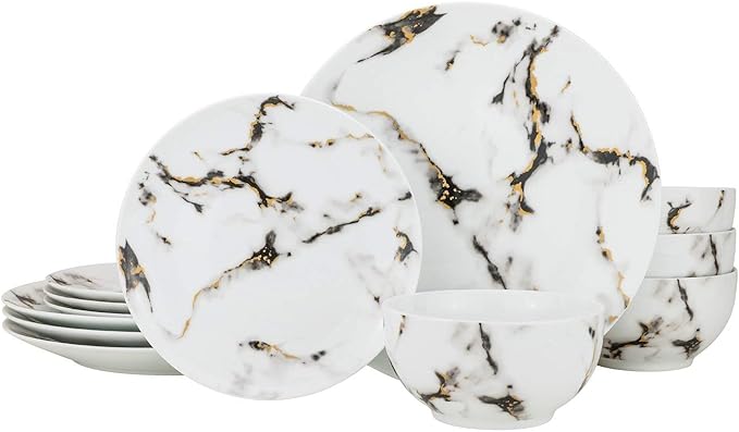 12-pc Marble Design Dinner Set 'Quarie' Bone China Porcelain