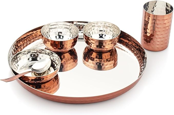 Hammered Copper Plated Stainless Steel Dinner Set 6 Piece Thali Set with Bowls and Glass Silver Interior
