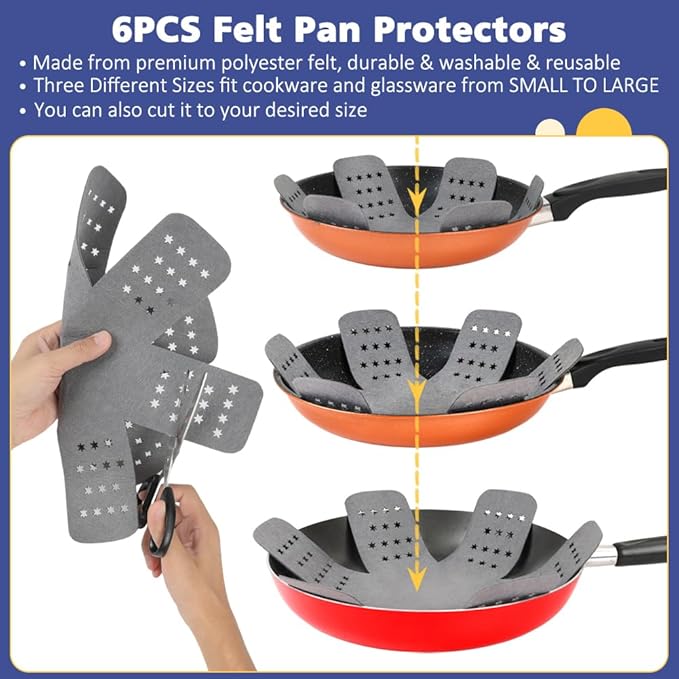 BYKITCHEN 3PCS Silicone Pan Protectors with 6PCS Felt Pan Pot Separators Dividers Pads for Stacking and Protecting Your Cookware Compatible with Hexclad Cookware Set Tfal Nonstick Frying Pans &ampM