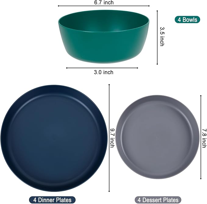EI 12pcs Wheat Straw PlatesPlastic Plates ReusableUnbreakable Plastic PlateWheat Straw Dinnerware SetMelamine Plate-BlackDark GreyDark GreenDark BlueDinner CampingPicnic