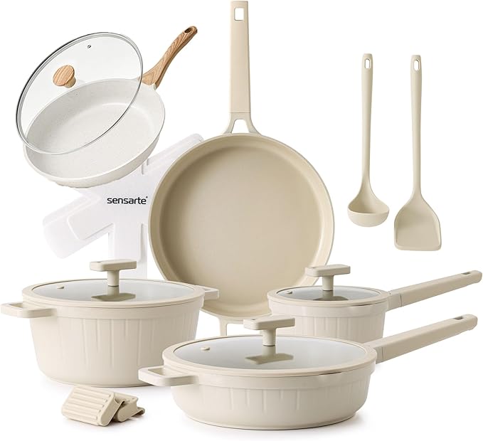SENSARTE Ceramic Nonstick Cookware Set 15 Piece includes 8 Inch Omelet Pan with Lid Induction Compatible Frying Pan Skillet