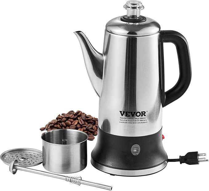 VEVOR 12-Cup Electric Percolator Coffee Pot 304 Stainless Steel Body Coffee Percolator with Keep Warm Function &amp Heat-Resistant Handle Classic Coffee Maker Quick Brew &amp Easy-Pour Spout Sil