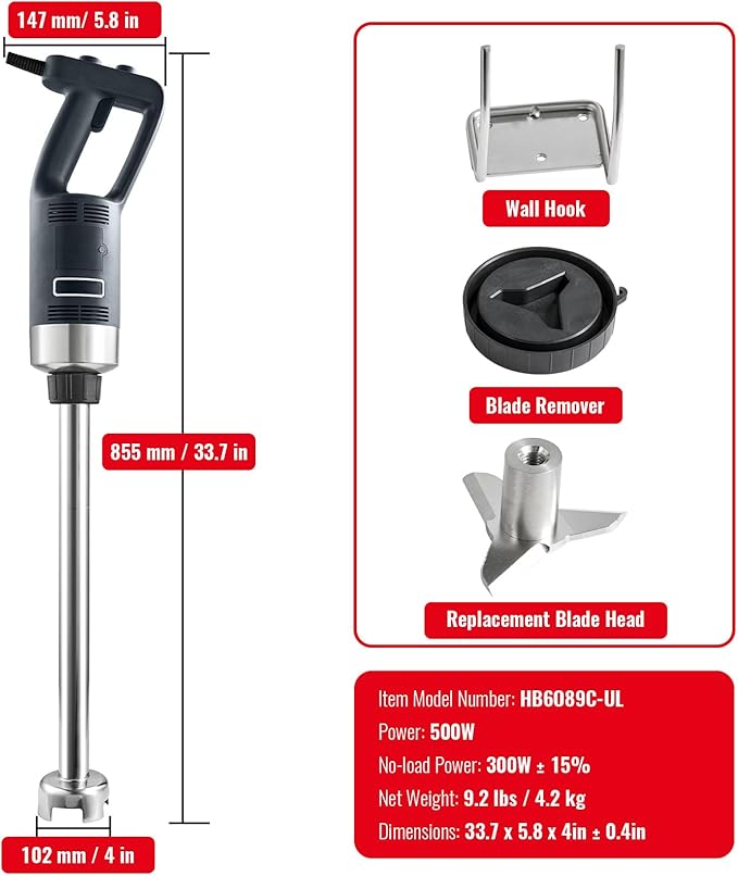 Happybuy Commercial Immersion Blender 500W Heavy Duty Hand Mixer Variable Speed Stick Mixer with 304 Stainless Steel Blade Versatile for Soup Smoothies Purees Baby Food