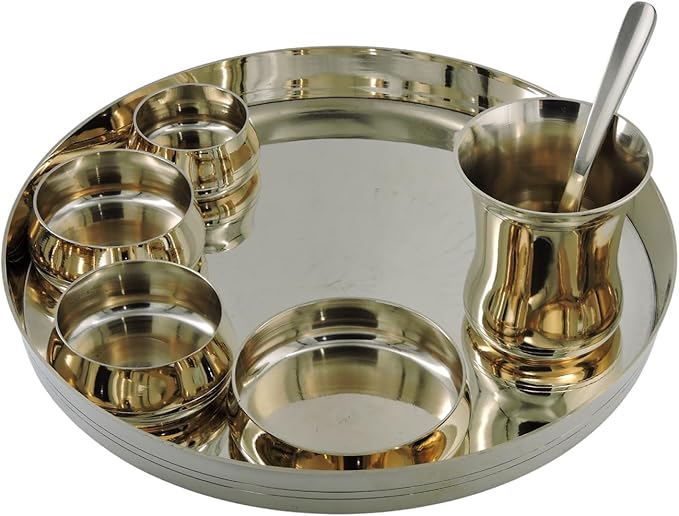 Kansa Thali Set of 7 Pieces Traditional Bronze Dinnerware Set with Plate &amp Bowls Ayurvedic Kansa Utensils for Healthy Eating Indian Dinner Set for Daily Use