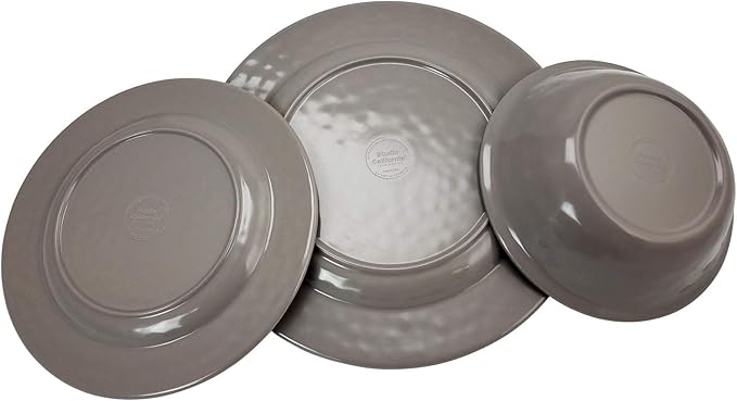 Misc Studio California 12 Piece Dinnerware Set in Gray Crackle Look Decal Grey Coastal Modern Contemporary Round Melamine Piece Dishwasher Safe