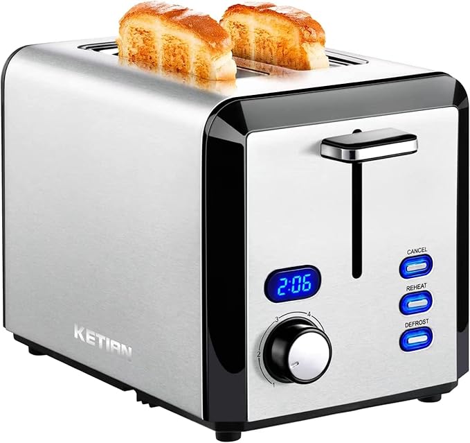 Toaster 2 Slice Wide Slot Stainless Steel Toaster with 6 Browning Levels Reheat &amp Defrost for Bagel Toast Bread Kitchen Essentials Removable Crumb Tray (sliver)