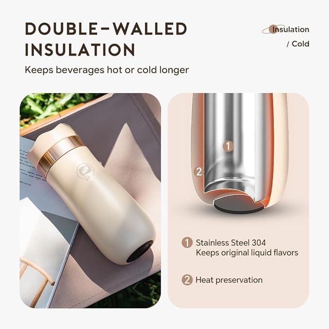 BENFUCHEN Travel Coffee Press Vacuum Insulated Portable French Press Stainless Steel Portable Coffee Maker/Tea Press 12oz Beige