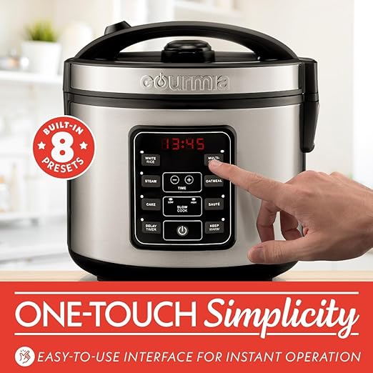 Gourmia Rice Cooker – 5 Qt Capacity 20 Cup Cooked 10 Cup Uncooked Digital Controls 6 Cooking Presets Grain Cooker &amp Steamer Nonstick Pot Steam Tray Delay Timer Keep Warm Stainless Steel