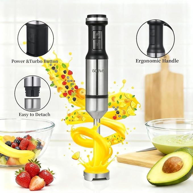Octave Immersion Blender Handheld Corded Hand Blenders Set 800W Stepless Variable Speed 5 in 1 Stick Emulsifier with Chopper Whisk and Frother for Soup Smoothies