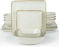 Famiware Ocean Square Plates and Bowls Sets for Kitchen 16-Piece Dinnerware Sets for 4 Microwave and Dishwasher Safe Vanilla White