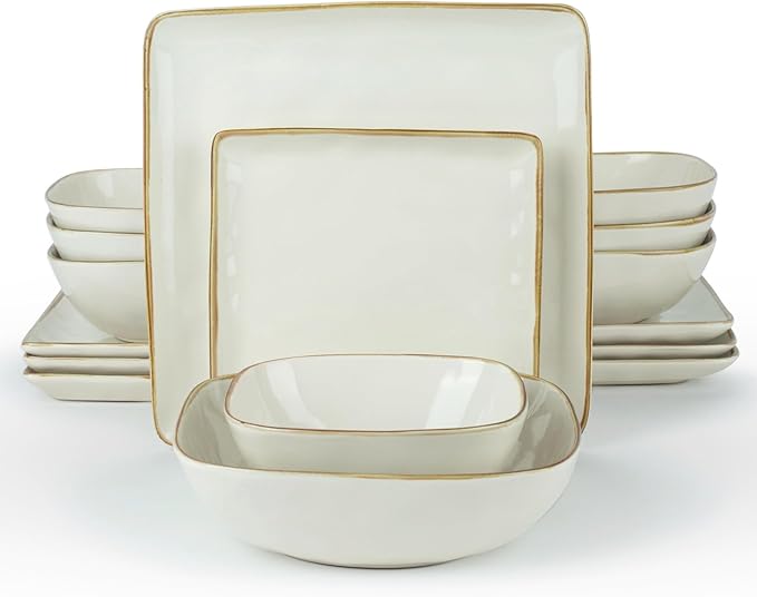 Famiware Ocean Square Plates and Bowls Sets for Kitchen 16-Piece Dinnerware Sets for 4 Microwave and Dishwasher Safe Vanilla White