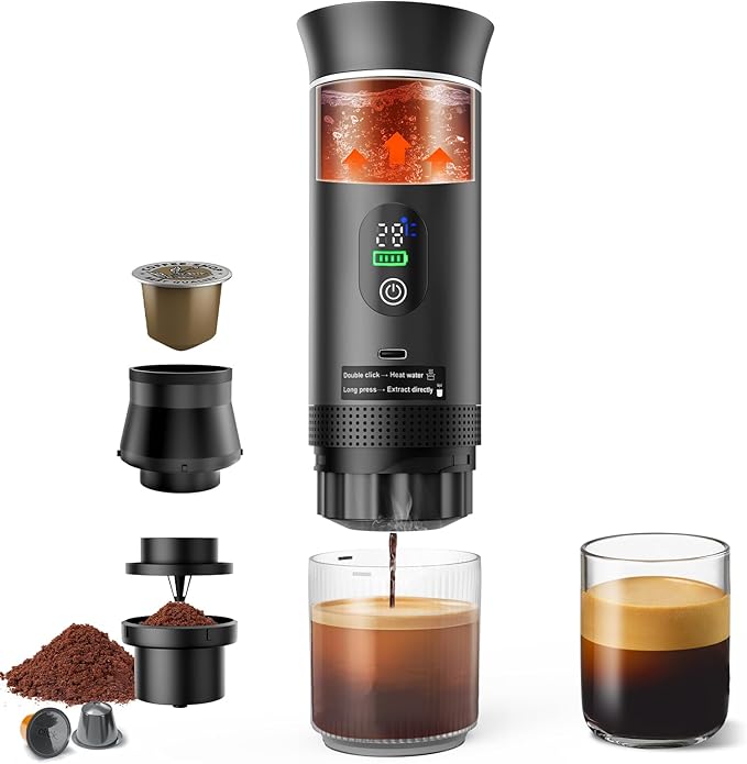 Portable Battery Espresso Coffee Maker for Travel 20 bar Mini Car Espresso Machines 3-in-1 Self-Heating Electric Espresso Maker USB-C Ground Coffee &amp Capsule Pod(Ns&ampDG) RV Hiking Office