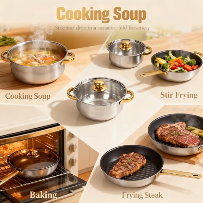 Cookware Set Stainless Steel Rustproof Nonstick Pan Pot Set with Gold Handle Multi - Size Kitchen Pots - Durable Energy Efficient Stylish Design Suitable for All Stovetops (Gold Handle)