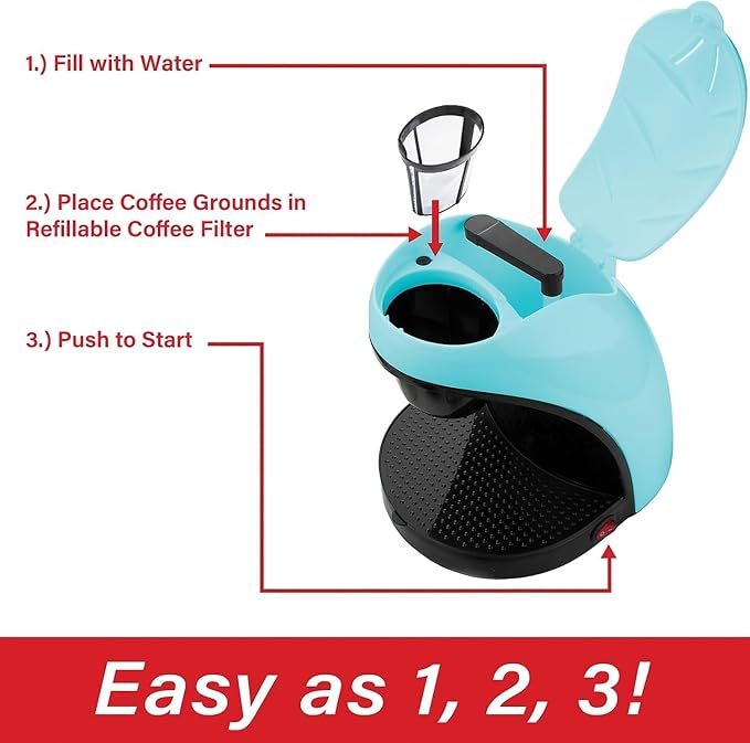 Single Serve Coffee Maker with Porcelain Mug – Compact One Cup Coffee Brewer with Measuring Spoon Removable Drip Tray Blue