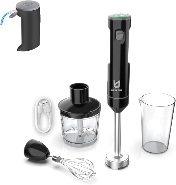 Cordless Hand Blender UTALENT Variable Speed Immersion Blender Rechargeable with 500ml Chopper 600ml container Egg Whisk for Smoothies Baby Food and Soups – Black