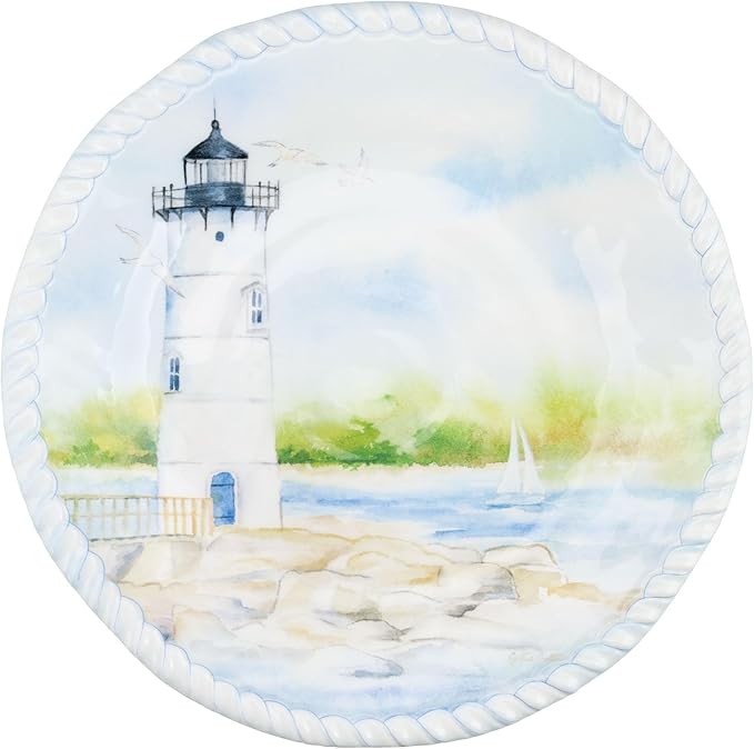 UPware 12 Piece Coastal Lighthouse Melamine Dinnerware Sets Outdoor Dishes Set Plates and Bowls Sets Service for 4 Blue