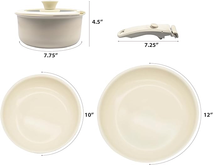 OVENTE 5Pcs Ceramic Pots and Pans Set Non Stick Induction Cookware with Lid Detachable Handle Non-toxic Kitchen Sauce Pots for Home or RV PFOA Free Stackable and Dishwasher Safe Cream CWAD01005C