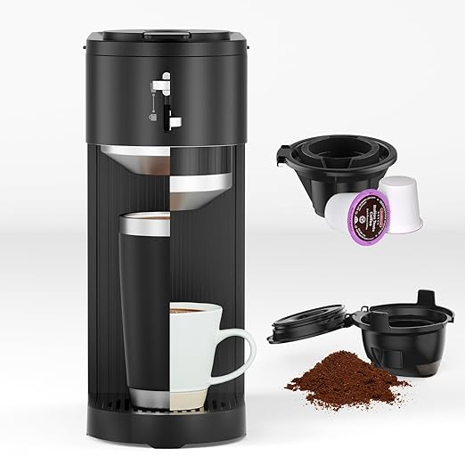 COWSAR Single Serve Coffee Maker Two Holders for Capsule &amp Ground Adjustable Funnel Height Brew 6oz to 14oz One-Touch Switch Security protection Easy to Clean Commercial Ideal for Home/Offi