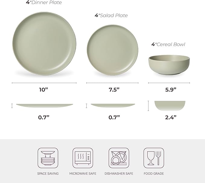 12-Piece Stoneware Dinnerware Set with Mugs | Microwave and Dishwasher Friendly | Stackable Matte Glaze Plates &amp Bowls | Service for 4