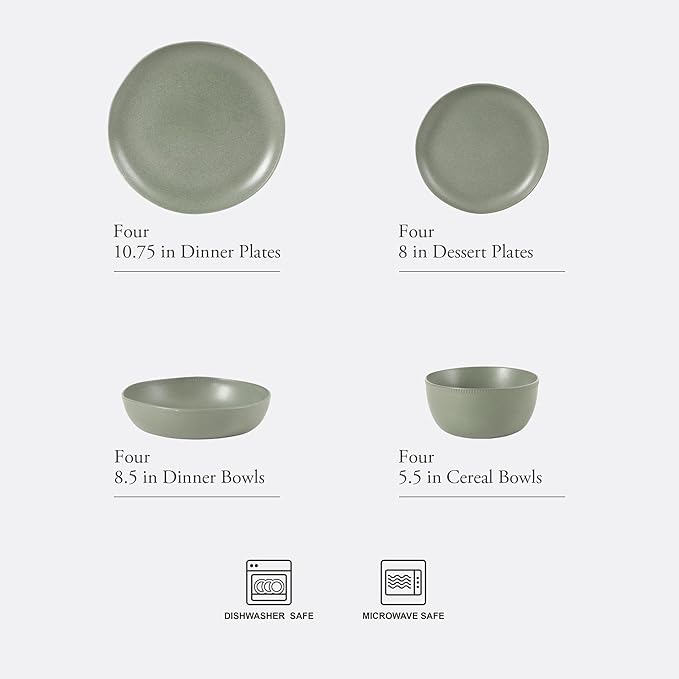 Gibson Elite Menlo Park 16-Piece Pottery Clay Stoneware Dinnerware Set – Green Reactive Glaze Organic Shape Embossed Plates and Bowls W/Pasta Bowl Service for 4 – Microwave &amp Dishwasher Safe