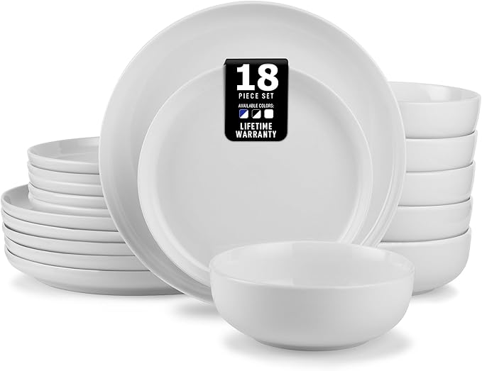 Zulay Kitchen Nova Porcelain Dinnerware Set Service For 6 - Chip &amp Scratch Resistant White Plates And Bowls Sets - Microwave &amp Dishwasher Safe - White