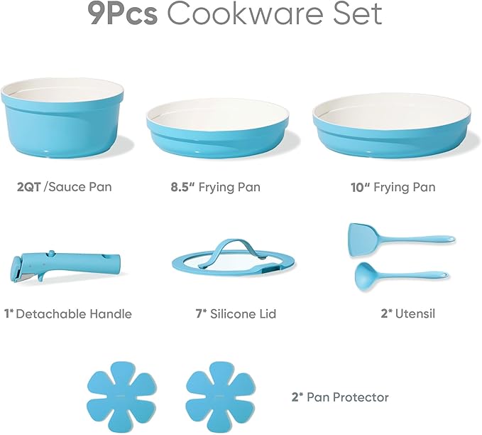 CAROTE 9pcs Pots and Pans SetCeramic Cookware Sets Non Stick with Detachable Handle Induction Kitchen Pots and PansRV Cooking Set Oven/Dishwasher/Fridge Safe Space Saving