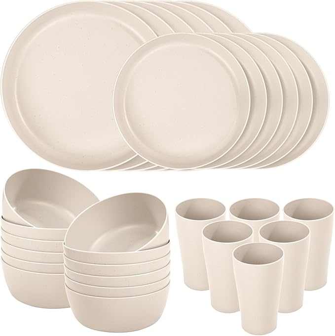 EI 24pcs Wheat Straw Dinnerware Set Beige Wheat Straw Plates Reusable Unbreakable Plates for Camping Picnics &amp Family Dinners