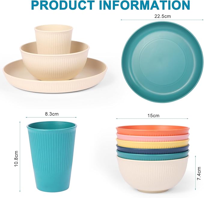 18pcs Wheat Straw Dinnerware Sets Unbreakable dish Set Reusable Plates Bowls and Cups Set dishes Dishwasher Microwave Safe for Kitchen Outdoor Travel Camping (Macron Color)