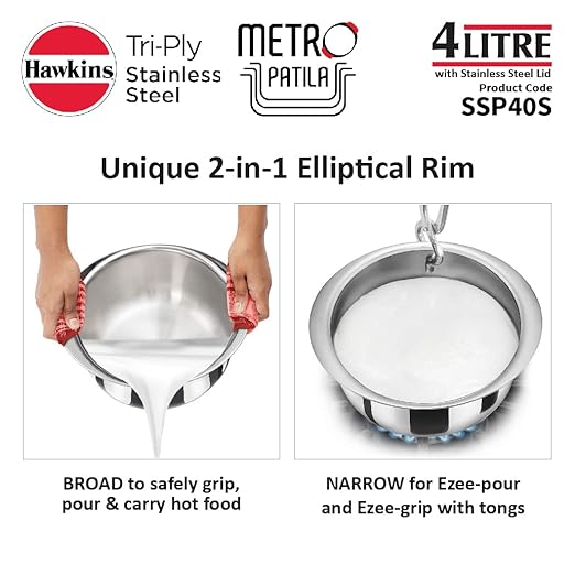HAWKINS 4 Litre Metro Patila Triply Stainless Steel Tope with Stainless Steel Lid Induction Bhagona Tapeli Silver (SSP40S)