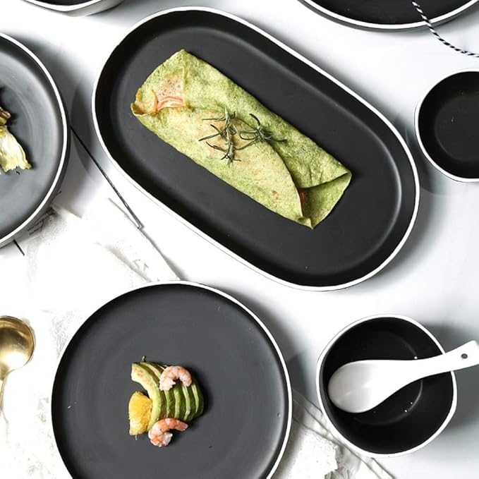 Dinnerware Set Plates and Bowls Sets 48 Pieces Porcelain Dinnerware Combination Set | Black Matte Steak Plates And Cereals Bowls Sets