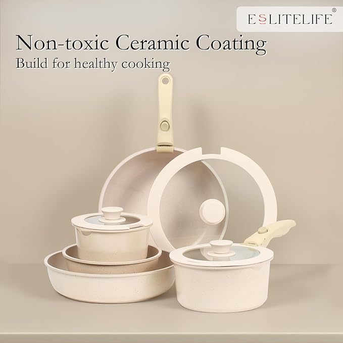 ESLITE LIFE Nonstick Cookware Sets with Detachable HandleCeramic Coating Pots and Pans Set Kitchen Cooking Set Compatible with All Stovetops PTFE &amp PFOA Free White 10 Pcs Set