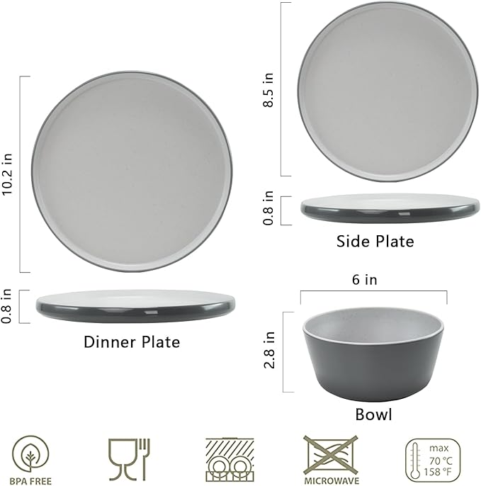 Melamine Dinnerware Sets Dishware Sets for 4 12 Pcs Plate and Bowl Set with Lipped Edges Lightweight Dish Set for CampingDishwasher SafeGood for Housewarming(Light GreyWhite)