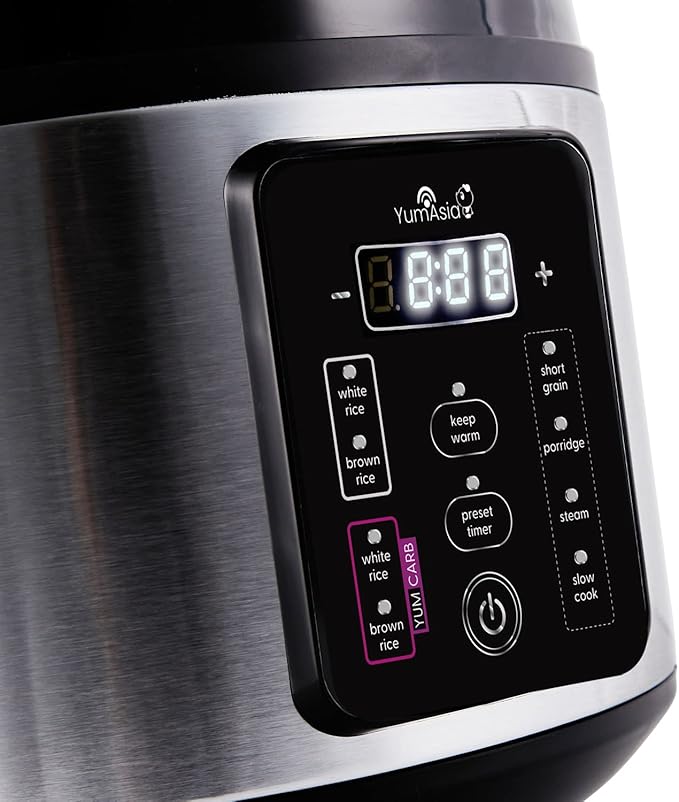 Yum Asia Kumo YumCarb Rice Cooker with Ceramic Bowl and Advanced Fuzzy Logic (5.5 Cups 1 Litre) 5 Rice Cooking Functions 3 Multicooker Functions 110V US Power (Light Stainless Steel)