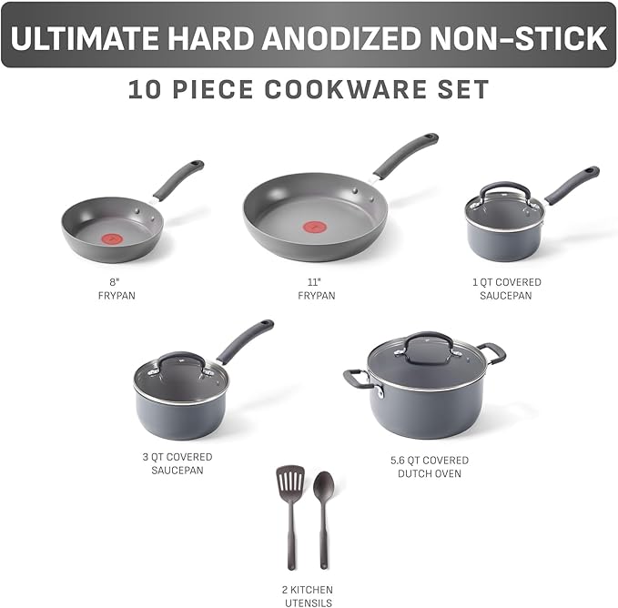 T-Fal Ultimate Hard Anodized Nonstick 10 Piece Cookware Set Oven Safe Up to 400°F Dishwasher Safe Pots and Pans Set Includes Frying Pans Saucepan Stockpot Cooking Utensils Grey
