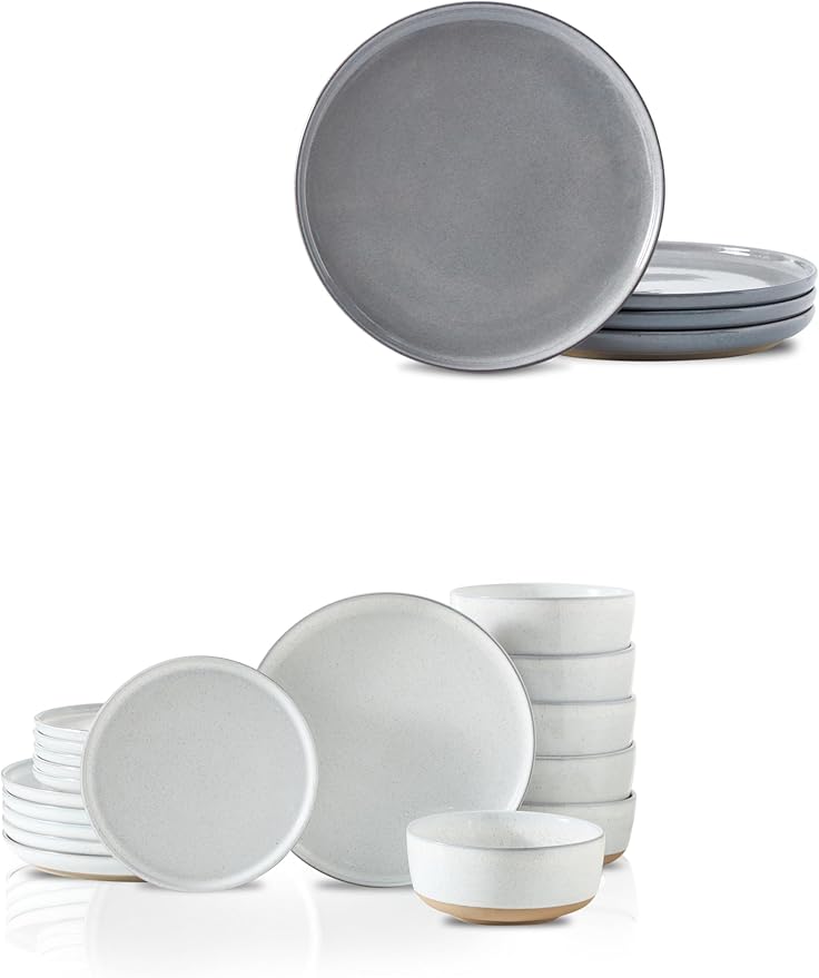 HASENSE Gray Dinner Plates Set of 4 and White Dinnerware Sets Bundle
