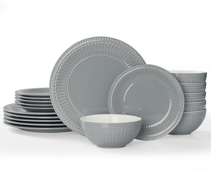 Famiware Garden Plates and Bowls Set for 6 18-Piece Kitchen Dishes Dinnerware Set - Microwave and Dishwasher Safe Scratch Resistant Reactive Glaze and Embossed Stoneware Tableware Bluish Grey