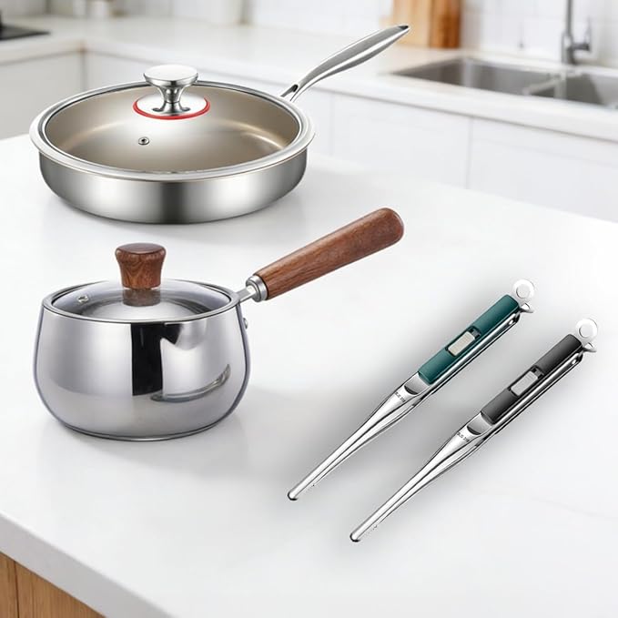 3-Piece Stainless Steel Cookware Set – Titanium Non-Stick Frying Pan with Lid Wooden Handle Milk Pot &amp SUS316 BBQ Tongs – Perfect for Home Kitchen Camping &amp Grilling