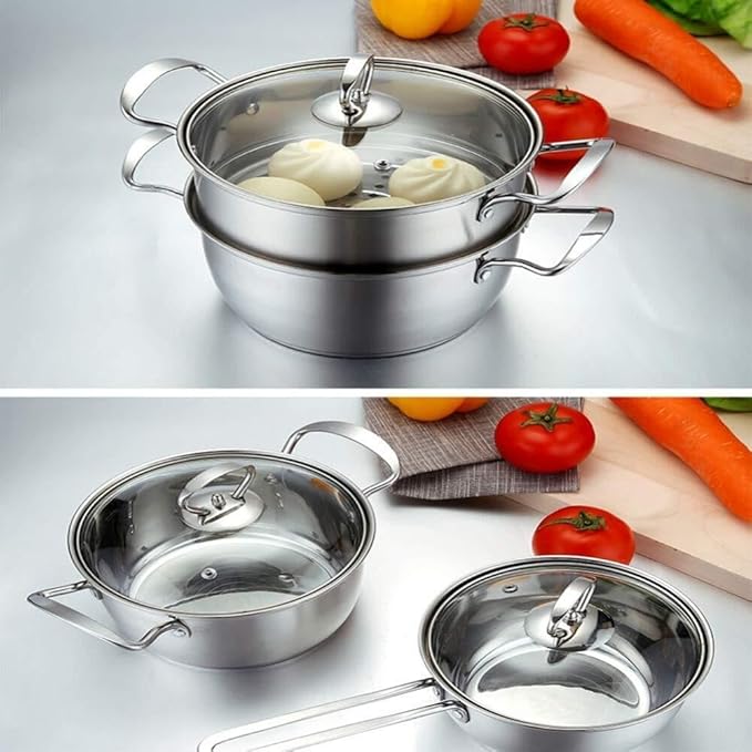 3-Piece Stainless Steel Cookware Set - Induction Safe Includes Soup Pot (20cm) Milk Pot (18cm) Steamer (22cm) with Glass Lids Ergonomic Handles Compatible with Gas &amp Induction Cookers