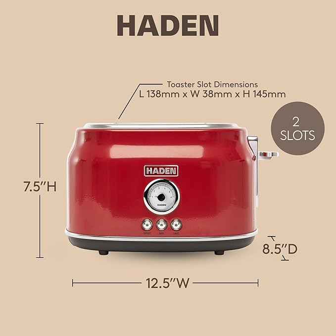 Haden Dorset 2 Slice Wide Slot Stainless Steel Toaster with Adjustable Browning Control &amp Non-Slip Feet Rectory Red
