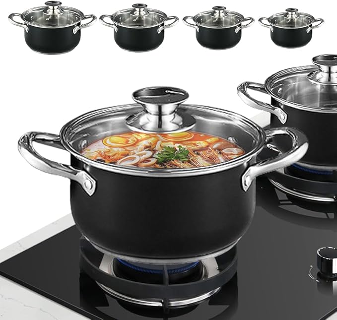 Stainless Steel Pot Set with Glass Lid 8 Pieces Cookware Set 3/4/5/7 Quarts Soup Pot Set Bases for Even Heating Induction Compatible Dishwasher Safe