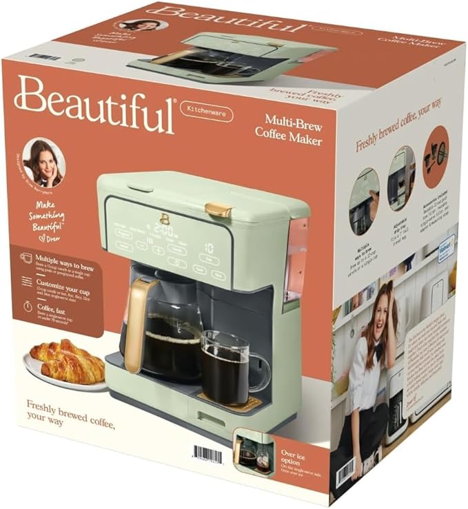 Beautiful Multi-Brew Commercial-Grade 12-Cup &amp Single-Serve Coffee Maker with Over Ice Option for Business and Personal Use by Drew Barrymore (Sage Green)