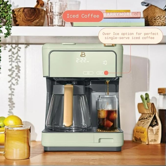 Multi-Brew Coffee Maker – 12-Cup Carafe &amp Single-Serve Pod or Grounds Iced Coffee Mode Programmable Touch Display Includes Filters (Sage Green)