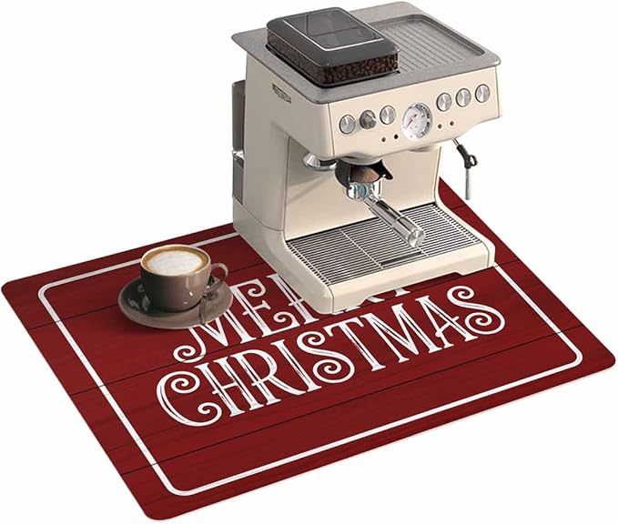 Coffee Mat for Counter Merry Christmas Rustic Red Wood Grain Absorbent Hide Stain Coffee Bar Mat Non-slip Coffee Bar Accessories Kitchen Drying Mat Fit Under Coffee Maker Espresso Machine