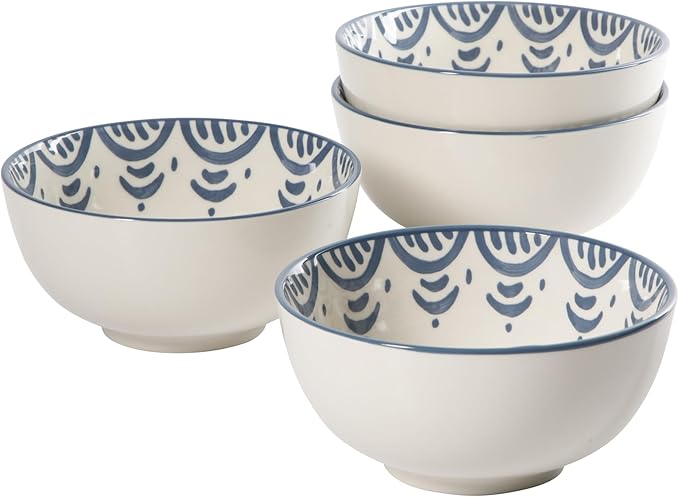 Bloomhouse - 2-Time Oprah’s Favorite Things - Valencia Flor 4 Piece 6” Cereal Bowl Set Stoneware Bowls Mediterranean Floral Decal Design Microwave &amp Dishwasher Safe Iris Blue