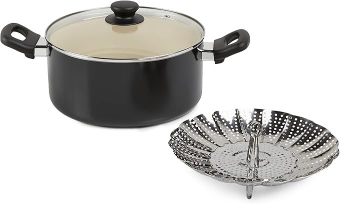 Amazon Basics 11-Piece Ceramic Non-Stick Pots and Pans Set Dishwasher &amp Oven Safe Easy Clean Glass Lids Black/Cream